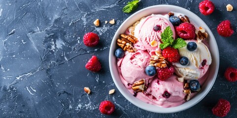 Bowl of assorted ice cream scoops with berries, nuts, and mint leaves . National Ice Cream Day