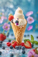 Ice cream cone with berries and edible flowers on a blue background. National Ice Cream Day
