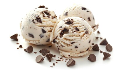 Three scoops of chocolate chip ice cream with scattered chocolate pieces. National Ice Cream Day