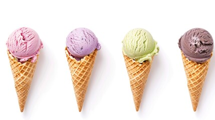 Five ice cream cones with different flavors isolated on white background. National Ice Cream Day