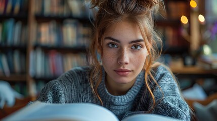 Young Woman Reading in a Cozy Library Setting