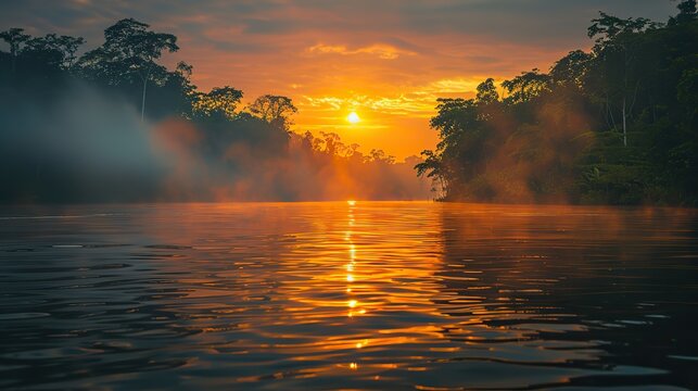 tropical river flow through the jungle forest at sunset or sunrise amazon river flowing in rainforest.stock photo
