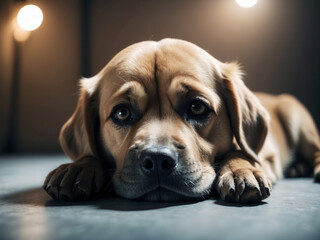Studio Photography of a Cute and Sad Dog Reflecting the Emotions of Its Cute and Sad Owner, Capturing the Deep Emotional Connection and Shared Melancholy Between Pet and Human
