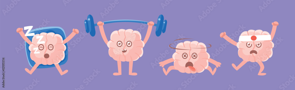 Poster Humanized Brain Character with Various Action Vector Set