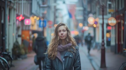 Fototapeta premium Pensive Woman in Urban Evening Setting