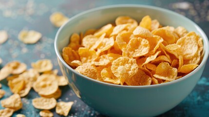 Bowl of cornflakes on a blue background.