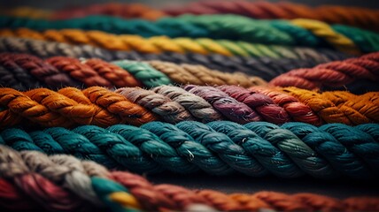 colorful ropes indicating team diverse strength partnership concept together teamwork . support of colleagues and communication .corporate work cooperation colorful background