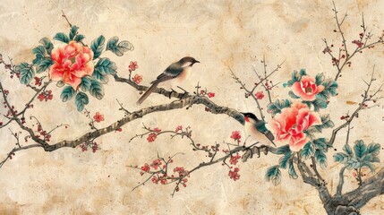 Springtime Blossoms and Birds on Canvas