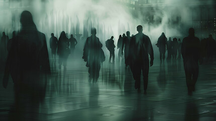 people walking in the fog
