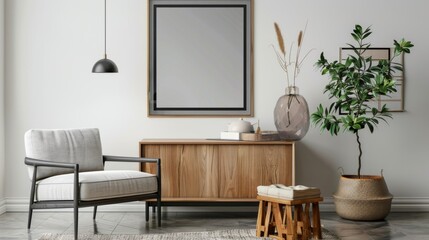 Modern interior with empty frame. Minimalistic design.
