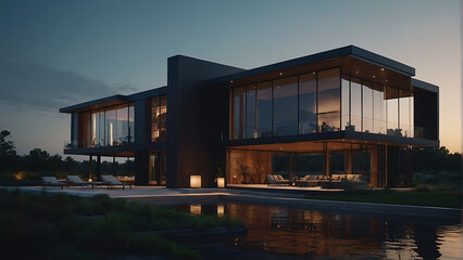 Obraz premium Modern Glass House at Dusk Overlooking a Tranquil Pool in a Serene Rural Setting