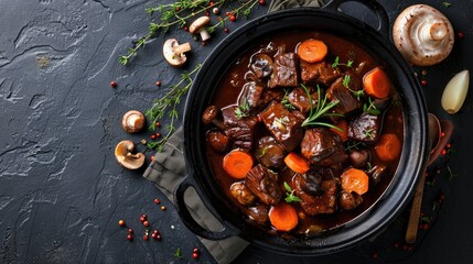 Beef and vegetable stew in a dark bowl. Close-up food photography.