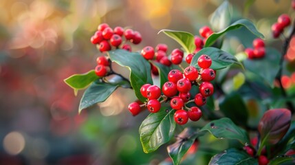 Naklejka premium Red winter berries close-up with blurred background.