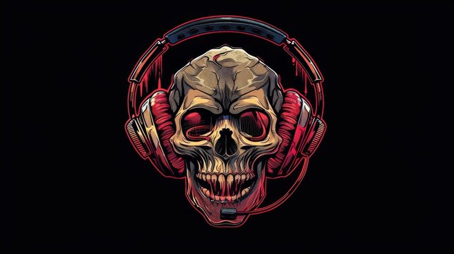 Stylized skull with headphones, set against a black background
