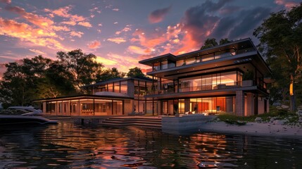 Modern luxury waterfront house with large windows and beautiful sunset sky reflection
