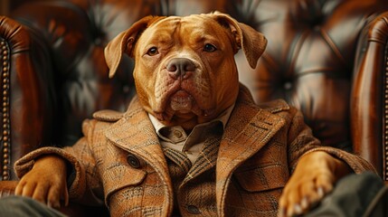 a charismatic staff dog posing as a boss proud and confident dressed like a masculine and tough human gangster a strong and powerful leader.stock photo