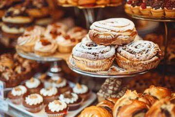 Assortment of fresh pastries and breads in bakery shop - desserts, snacks, baked goods - food retail
