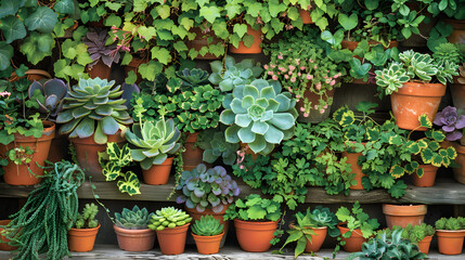 Assortment of Year-round Plants in Rustic Terracotta Pots Keeping Garden Vibrant
