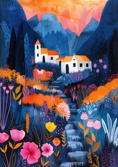 Vibrant mountain village landscape with colorful flowers and sunset