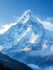 Fototapeta premium Snow-covered mountain peak surrounded by clouds.