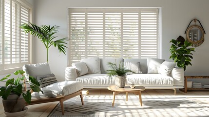 Modern living room with white wooden shutters and window blinds, natural light creating a bright atmosphere.
