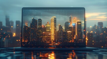 A reverse silhouette of a laptop with a city skyline emerging from the screen