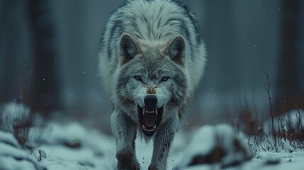 angry lone white wolf walking alone in a forest path covered with snow showing teeth front face ready to attack.illustration stock image