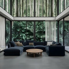 Blue corner sofa against panoramic window with forest view. Minimalist interior design of modern living room in villa, home.