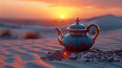 oriental teapot lying on the sand in the desert dunes at sunset.stock photo