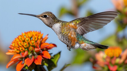 Award Winning National Geographic rule of thirds, photograph of a colorful hummingbird hovering near a bright flower, minimalist, plain sky blue background, ultra realistic photo,