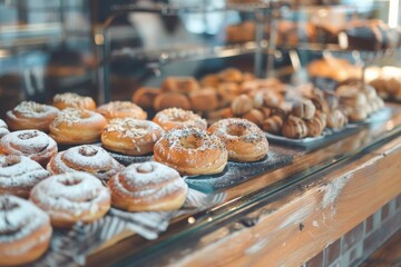 Assortment of fresh pastries and breads in bakery shop - desserts, snacks, baked goods - food retail