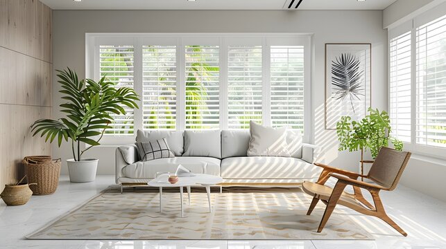Modern living room with white wooden shutters and window blinds, natural light creating a bright atmosphere.
