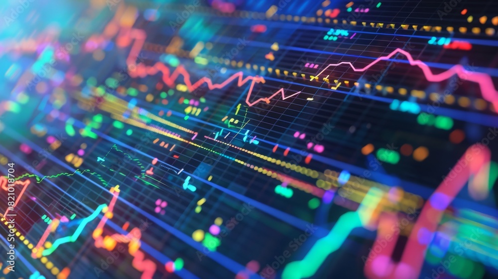 Fototapete Close-up of a financial chart on a computer screen with colorful lines and data points.