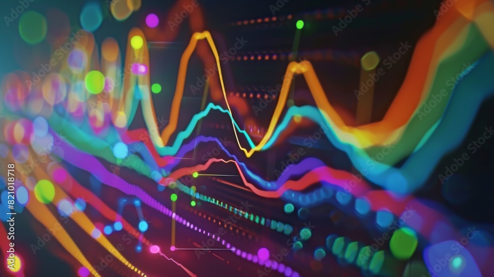 Fototapete Close-up of a financial chart on a computer screen with colorful lines and data points.