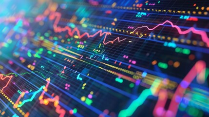 Fototapeta premium Close-up of a financial chart on a computer screen with colorful lines and data points.