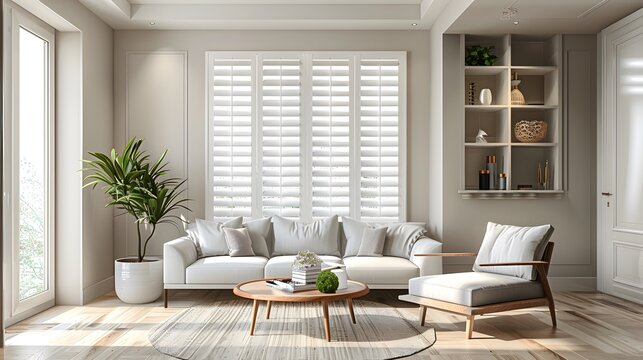 Modern living room with white wooden shutters and window blinds, natural light creating a bright atmosphere.
