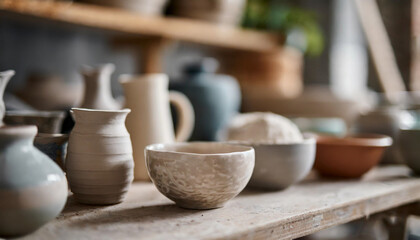ceramic piece with various blurred ceramics in the background on a shelf, highlighting intricate textures and craftsmanship in a pottery studio