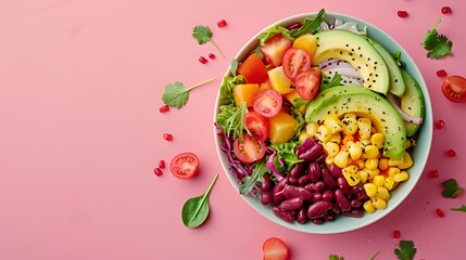 A colorful bowl filled with vibrant vegetables, beans and avocado on a pastel pink background.
