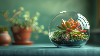 Award Winning National Geographic rule of thirds, photograph of a delicate glass terrarium containing a miniature succulent garden, minimalist, plain soft jade background, ultra re