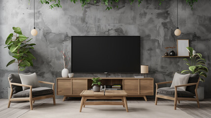 Modern interior, concrete wall with mock up black screen TV on wooden cabinet near armchairs and coffee table, gray walls, green plant in vase, minimalistic home decor