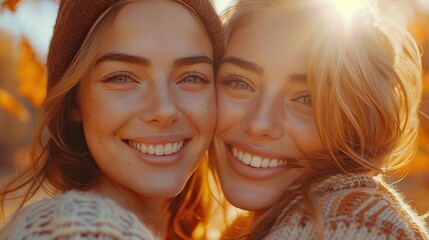 Fototapeta premium happy lesbian couple in love girlfriends hugging smiling and kissing in nature at sunset autumn season romantic scene between two lovers together female gay tenderness.illustration stock image