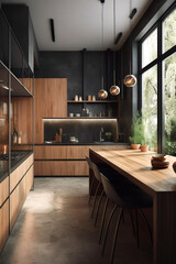 Kitchen interior in modern house in Fusion style.