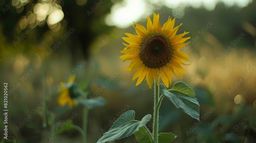 Poster close-up of a single sunflower in a field with a blurred background.
