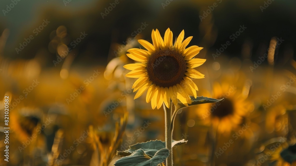 Poster close-up of a single sunflower in a field with a blurred background.