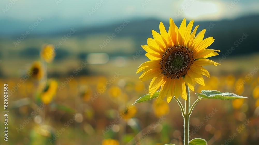 Poster close-up of a single sunflower in a field with a blurred background.