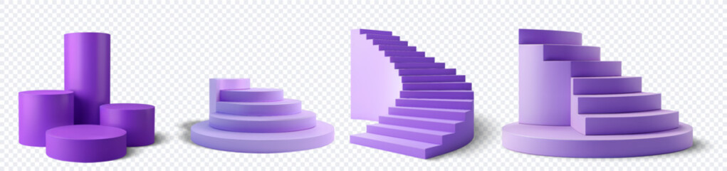 3D Purple Podium and Staircase Set on Transparent Background - Modern Geometric Display Platforms for Product Presentation and Showcases. Elegant futuristic design scene with a stand at top for award.