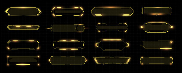 Futuristic HUD Interface Elements - Neon Yellow Glowing Frames on Black Background. Digital Sci-Fi Panels for UI Design in Vector illustration