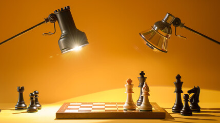 Award Winning national geographic Two chess players locked in a strategic game, symbolizing competition and critical thinking A single spotlight illuminates the chessboard, creatin