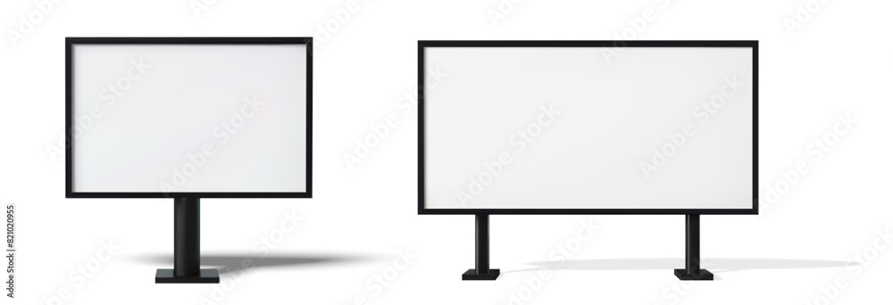 Poster two blank billboards with black frames on stands, ready for advertising or information display. idea
