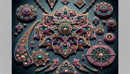 A collection of colorful, intricately designed jewelry pieces with geometric patterns and vibrant details.